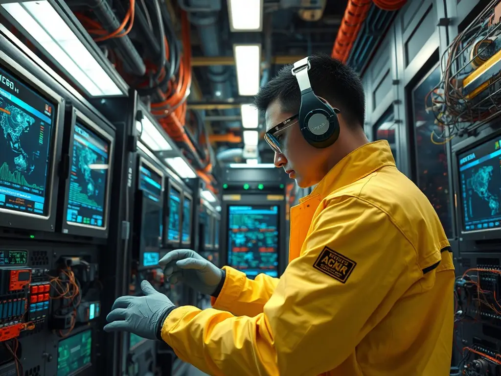 A technician performing maintenance on AI server equipment in a high-tech environment.
