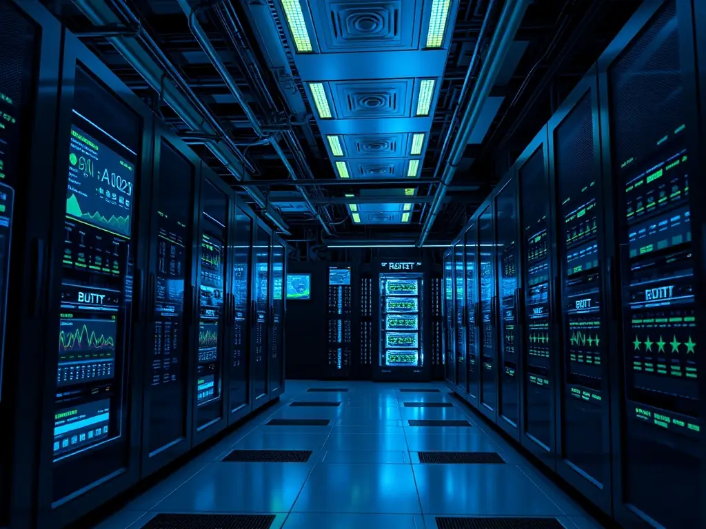 A modern data center with high-performance AI servers and ambient blue and green lighting.