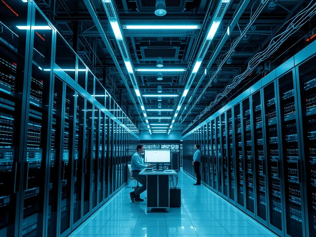 A modern data center with advanced servers and technicians monitoring systems.
