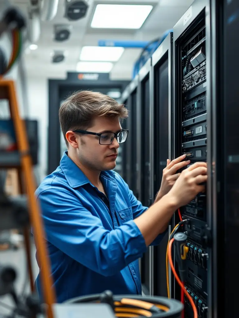 A technician performing maintenance on a server in a bright workspace.