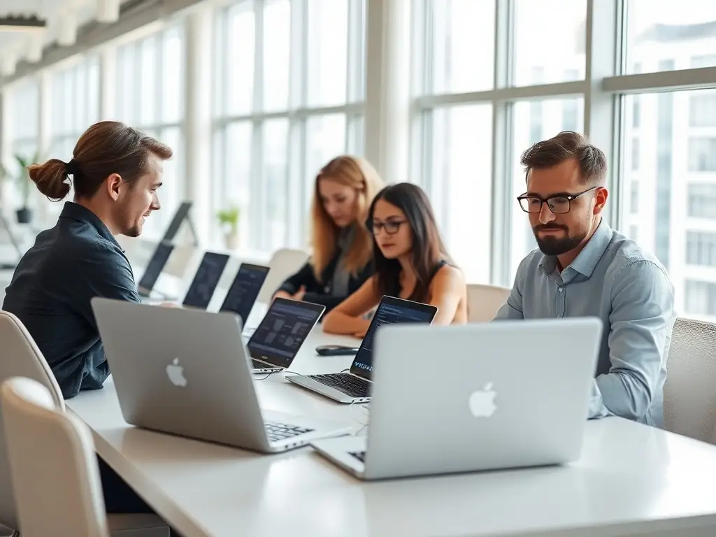 Professionals managing AI infrastructure in a bright modern office.