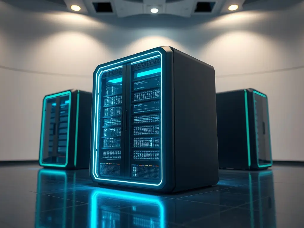 A high-performance AI server in a sleek, modern setting with glowing blue and green lights.
