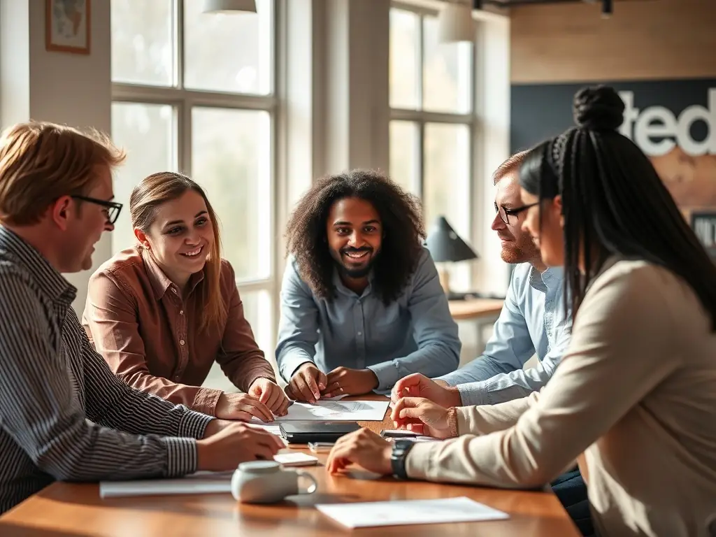 A team of experts collaborating on AI systems in a bright meeting room.